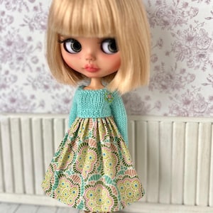 Pretty Aqua and Lime dress for Blythe with knitted bodice and cotton skirt.