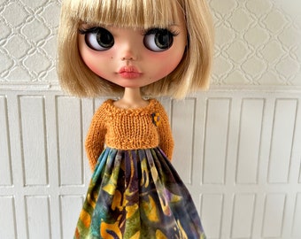 Pretty Burnt Orange Batik dress for Blythe with knitted bodice and cotton skirt.