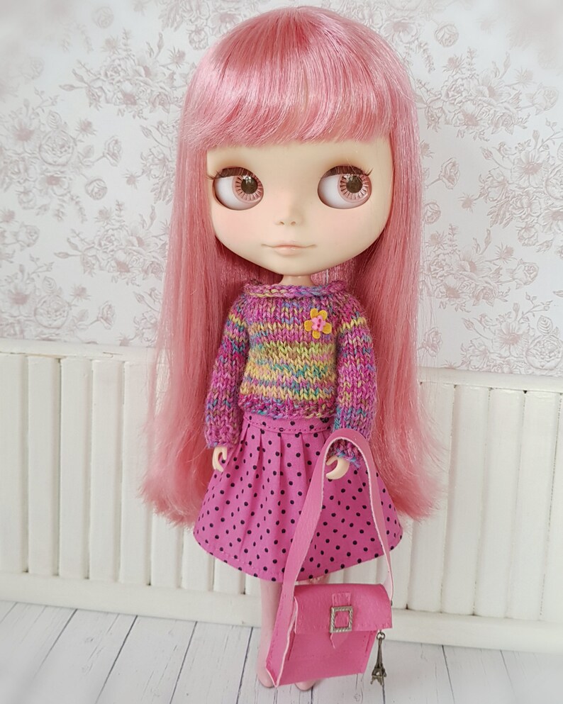 Pretty pink and yellow knitted jumper and skirt set for Blythe image 5