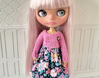 Pretty Pink and Black dress for Blythe with knitted bodice and cotton skirt.
