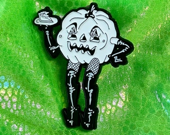 Glow in the Dark Punkin Pie Enamel Pin — Halloween, Spoopy, Pumpkin, Original Character, Stripper, Fishnets, Latex
