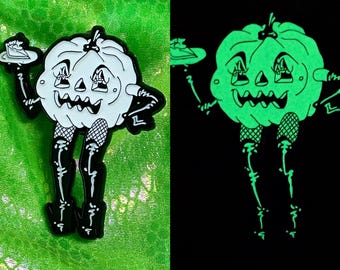 Glow in the Dark Punkin Pie Enamel Pin — Halloween, Spoopy, Pumpkin, Original Character, Stripper, Fishnets, Latex