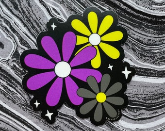 Nonbinary Daisies Sticker -- Large Flowers Pride Enby Enbie Flag Non binary Flag Purple Yellow Black Sparkles Laptop Car Subtle