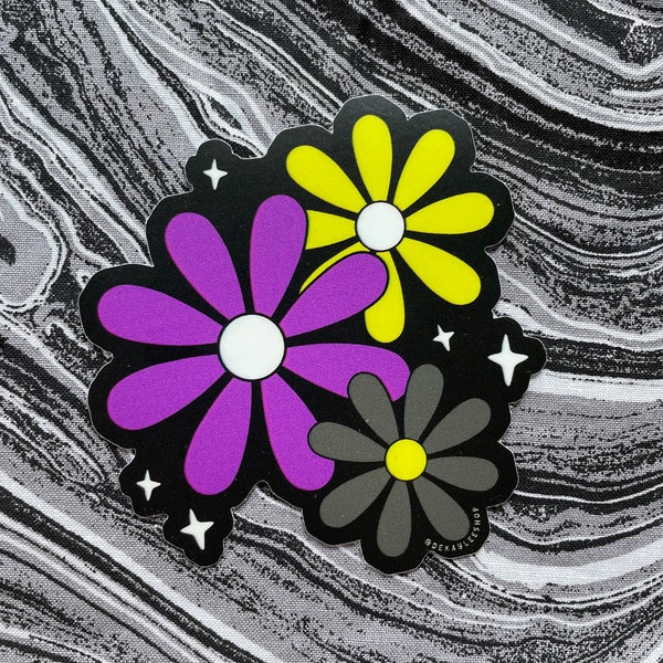 Nonbinary Daisies Sticker -- Large Flowers Pride Enby Enbie Flag Non binary Flag Purple Yellow Black Sparkles Laptop Car Subtle