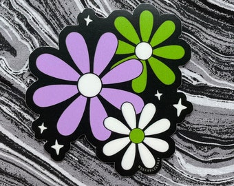 Genderqueer Daisies Sticker -- Large Flowers Pride Gender Fluid Purple Green White Sparkles Laptop Car Subtle Queer Genderfuck