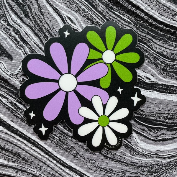 Genderqueer Daisies Sticker -- Large Flowers Pride Gender Fluid Purple Green White Sparkles Laptop Car Subtle Queer Genderfuck