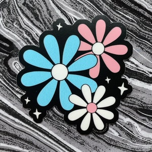 Transgender Daisies Sticker -- Large Flowers Pride Trans Flag Transition Blue Pink White Sparkles Laptop Car Subtle FTM MTF Queer LGBT