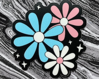 Transgender Daisies Sticker -- Large Flowers Pride Trans Flag Transition Blue Pink White Sparkles Laptop Car Subtle FTM MTF Queer LGBT