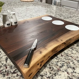 Unique Black Walnut XL Forest-to-Table Double Live Edge Appetizer Board. 3 Prep / Dip Bowls. Serving / Charcuterie / Cutting / Grazing Board