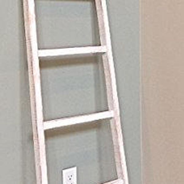 Whitewashed Rustic Tapered Wood Ladder – Extra Wide for Towel / Blanket Rack / Décor Piece. 58” H x 18.5” W x 1.75” D. 100% Handmade in USA