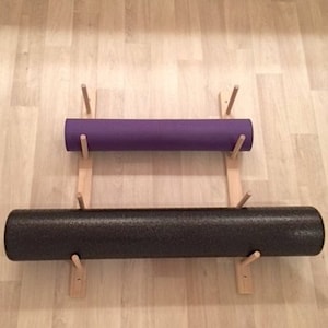 Classy Natural Wood Yoga Mat & Foam Roller Rack. 1 Set for 4 Yoga Mats/Foam Rollers (2 sets for 8, 3 sets for 12...) 2-Screw Slim Design.