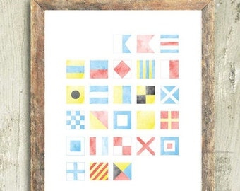 Phonetic Alphabet Signal Flag Print in Watercolor |  Nautical Maritime Code Wall Art | Coastal Decor