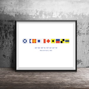Nautical Signal Flag Alphabet - Personalized Name, Location, City/Town Name and Map Coordinates 11x14 or 12x18 Print