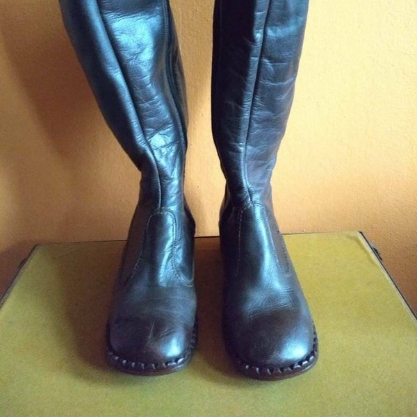 Vintage 70s Stiefel US 6.5 dunkelbraune Leder Seventies Stiefel sehr hohe Stiefel enge Rock Chick Stiefel Bubbles Toe Blockabsatz EU38 UK5