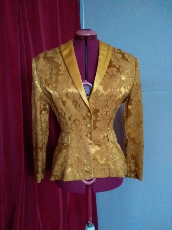 Vintage 80s jacket Size S gold yellow floral jacq… - image 1