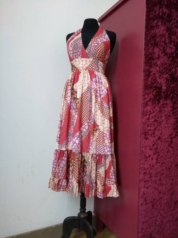 70s Size S-M midi halterneck dress Seventies red p