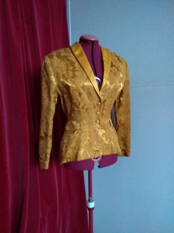 Vintage 80s jacket Size S gold yellow floral jacq… - image 2