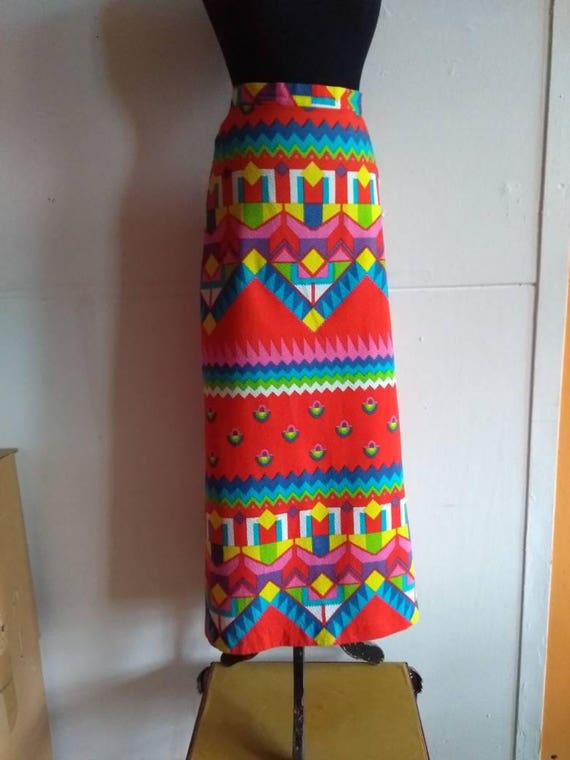 Maat S 70s rok maxi rok Seventies rok Furstenberg rok felgekleurde opvallende rok veelkleurige rok geometrische print lange rok