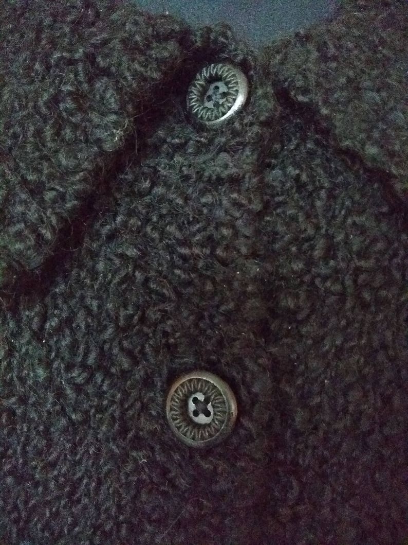US 8-10 UK 10-12 Vintage 60s Black wool boxy cardigan chunky boucl\u00e9 astrakan look faux fur big collar granny jacket EU M