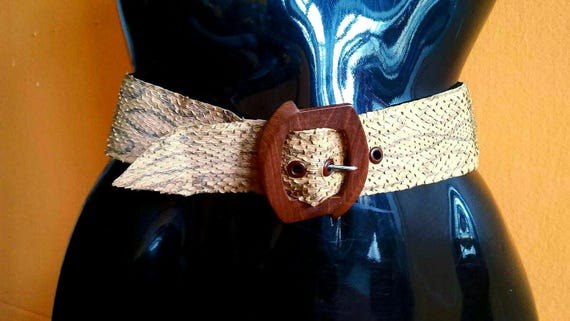 Vintage midcentury Echte slangenhuid riem met houten gesp Petite tailleriem Echte lederen riem bruine leren ceintuur 50s riem fifties riem