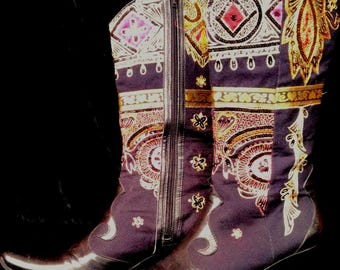 80s boots black leather cowboy boots Indian boots embroidered boots Mexican boots embellished boots cowgirl eighties boots EU40 UK6.5 US8.5