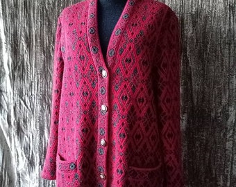 80s granny cardigan Size M-L woolen multicolored folklore Nordic cardigan eighties cardigan red black grey floral abstract trachten cardigan