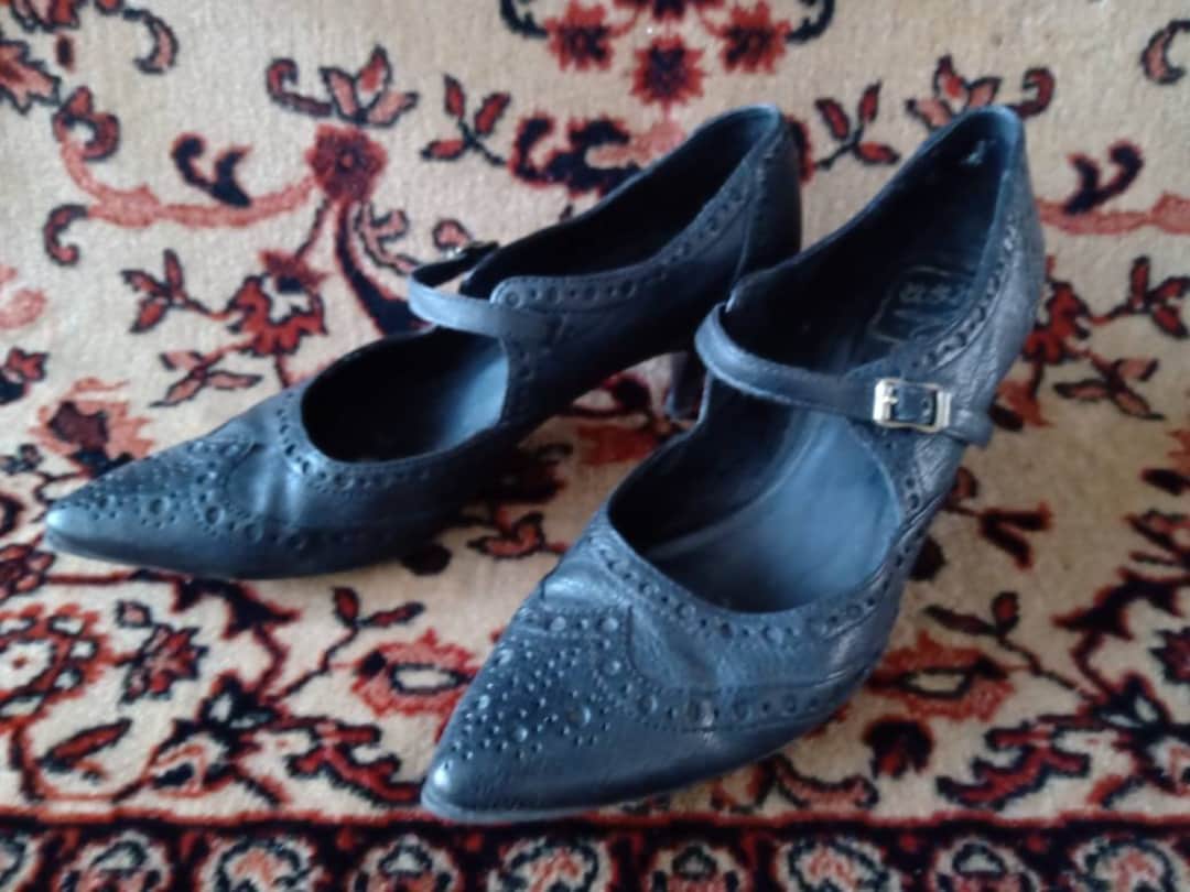 Retro 50s Mary Janes Black Leather Pointy Shoes Kitten Heel Shoes