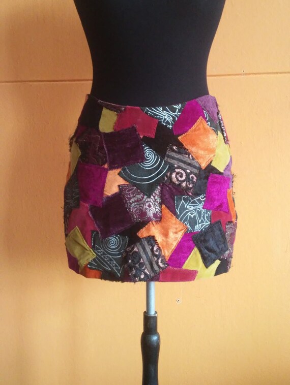 Fluwelen rok brokaat patchwork rok boho skirt bohemian rok hippie rok gerecycled metallic jacquard festival rok mini rok EU XS, US4, UK6