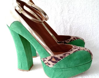 Vintage 90's does 70s green platform shoes faux suede gold leather leopard vegan seventies show killer heels drag queen EU38 UK4.5 US7