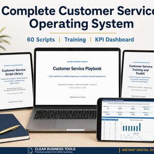 Könnte beinhalten: Ein digitales Produktset mit dem Titel Complete Customer Service Operating System, bestehend aus einem Laptop, zwei Tablets und einem Smartphone, die ein Kundenservice-Handbuch, Skripte, Schulungen und ein KPI-Dashboard mit Diagrammen anzeigen.