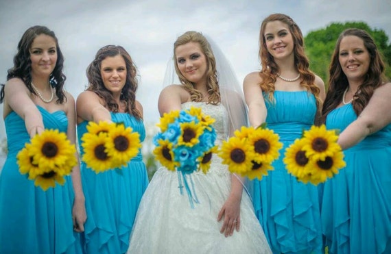 17 Piece Sunflower Malibu Blue Rose Wedding Bouquet Flower Etsy