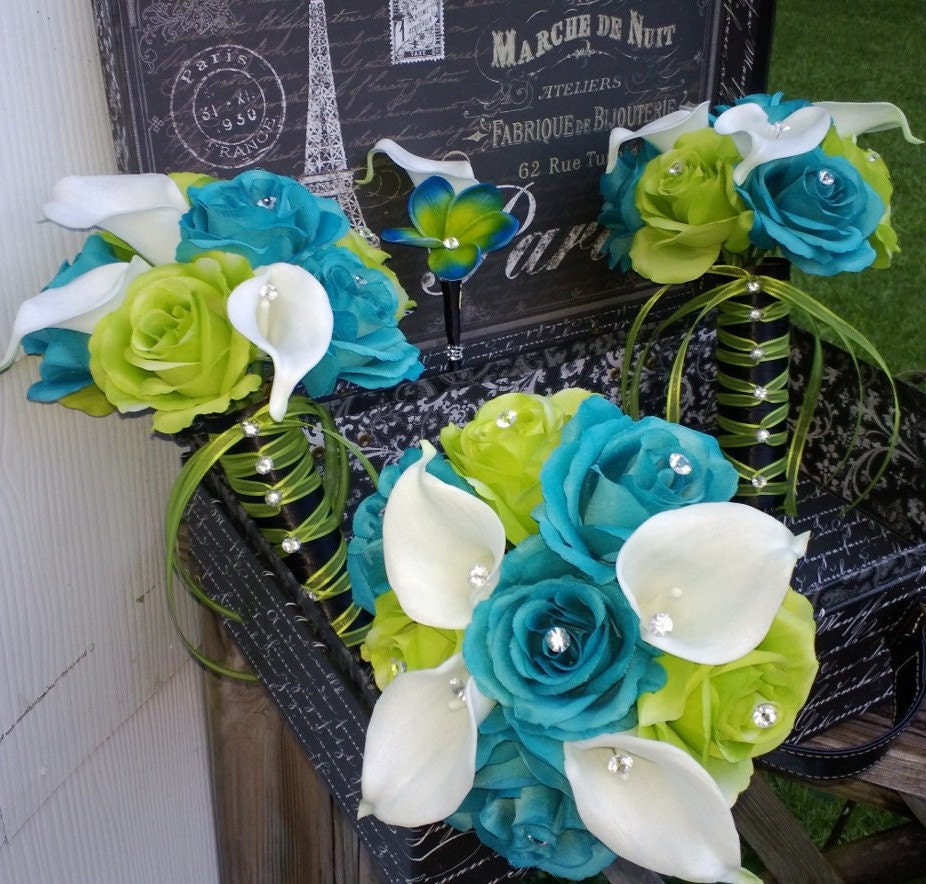 17 Piece Malibu Blue Lime Green White Wedding Bouquet Set Etsy