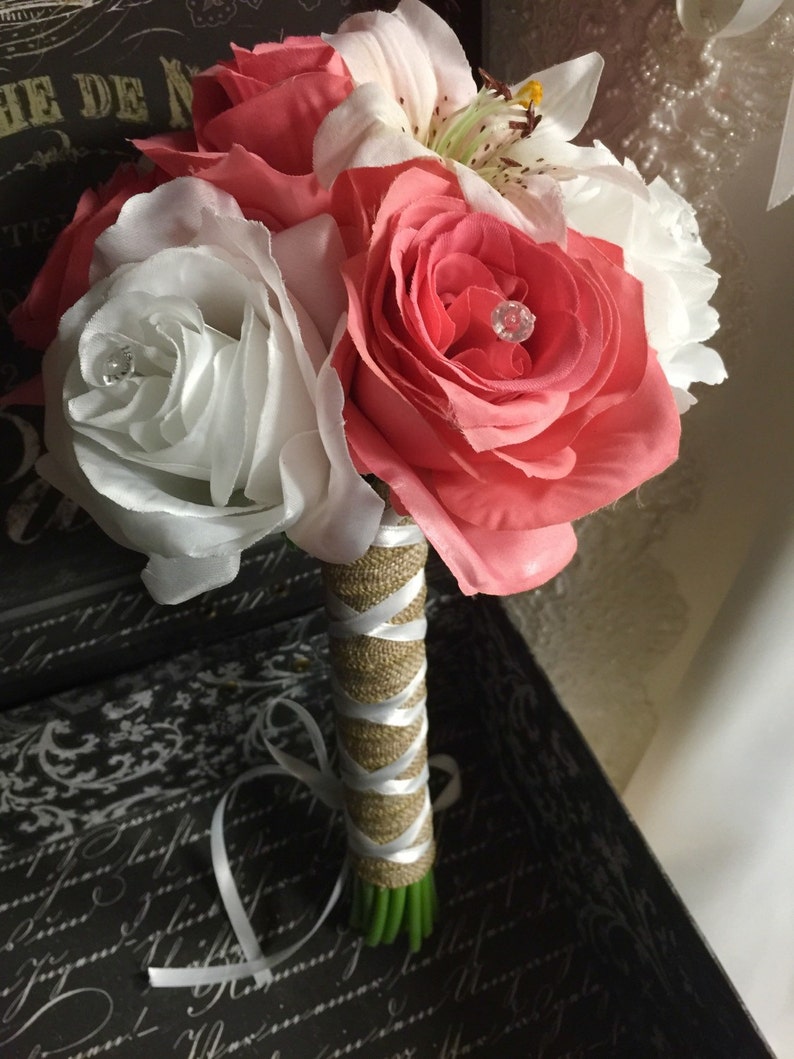 Coral White Rustic Beach Wedding Bouquet wrapped in ...