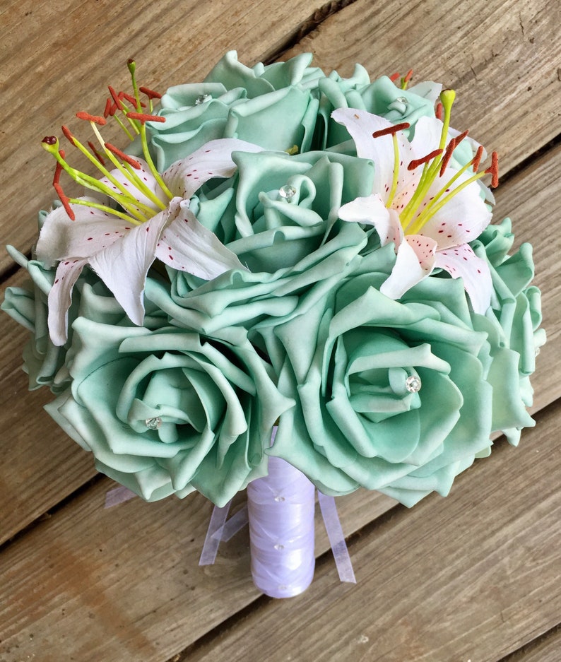 White Lily Bouquet Aqua Bouquet Aqua /& White Lily Wedding Bouquet Blue White Bridal Bouquet Aqua Bridesmaid Spa Blue Bouquet