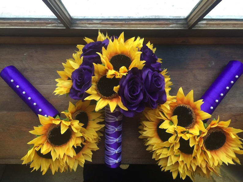 17 Piece Sunflower Purple Rose Wedding Bouquet Flower Set Etsy