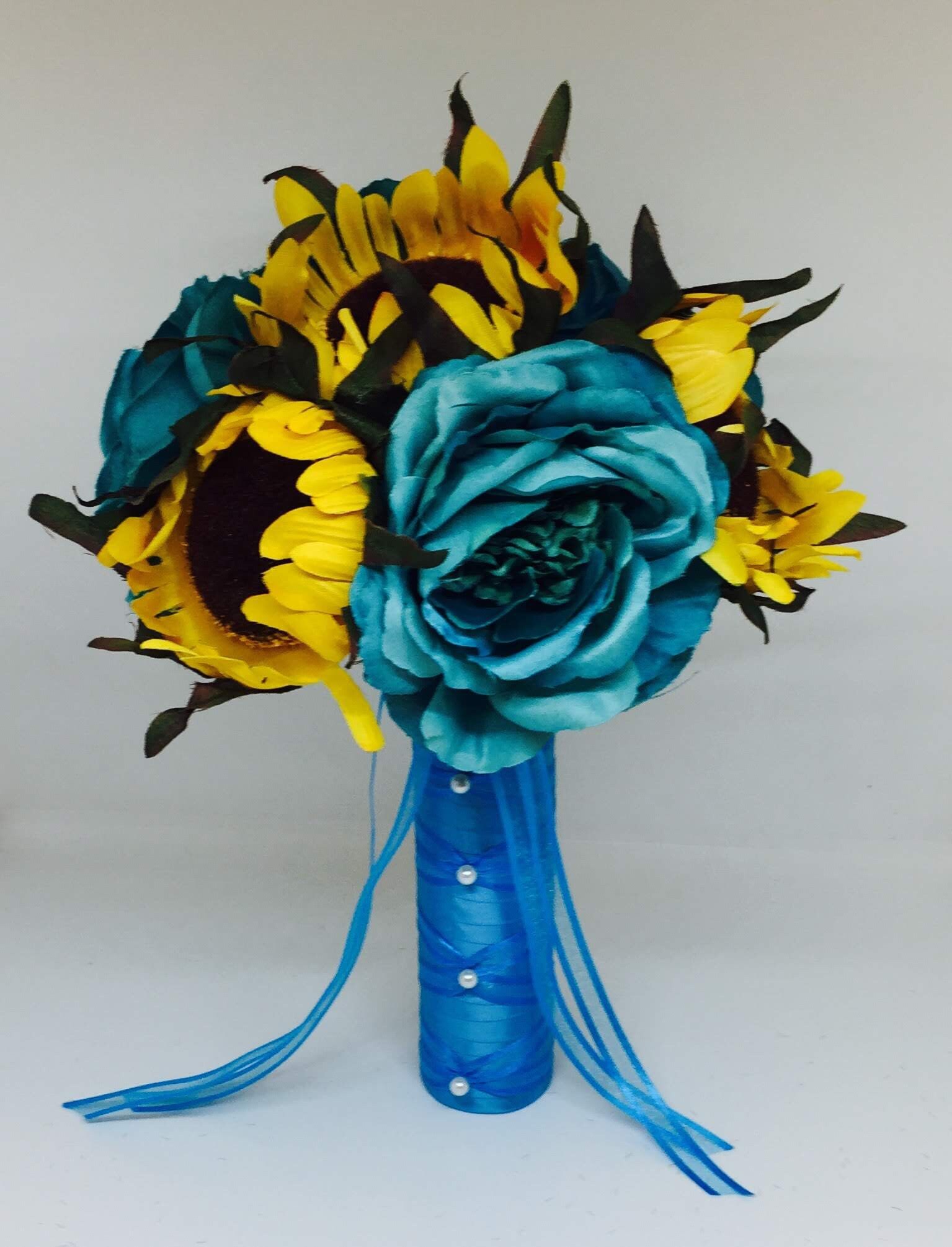 Real Touch Sunflower Turquoise Rose Wedding Bouquet Malibu Blue