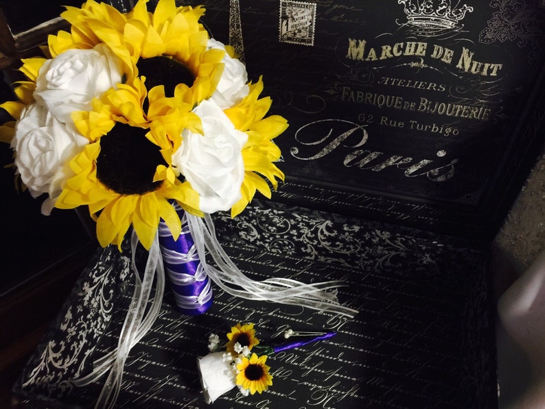 Sunflower Bouquet Set Sunflower White Rose Bridal Bouquet Sunflower Purple Bouquet Sunflower Wedding Bouquet Yellow white Bouquet