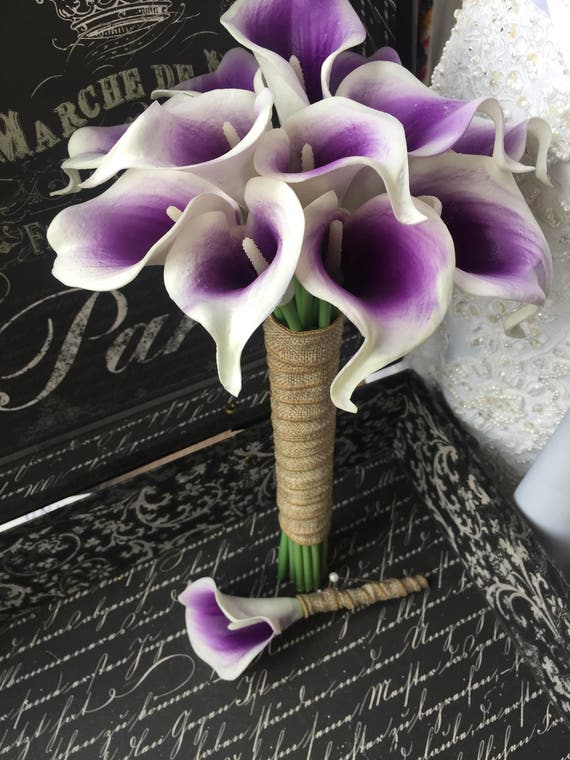 White Purple Center Calla Lily Wedding Bouquet with | Etsy