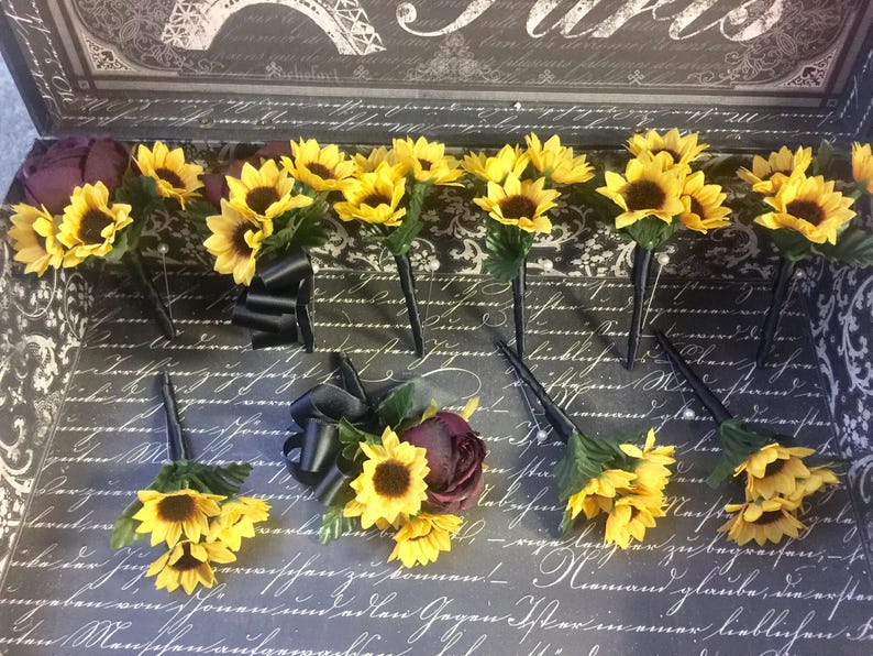 17 Piece Sunflower Burgundy Rose Wedding Bouquet Set Etsy
