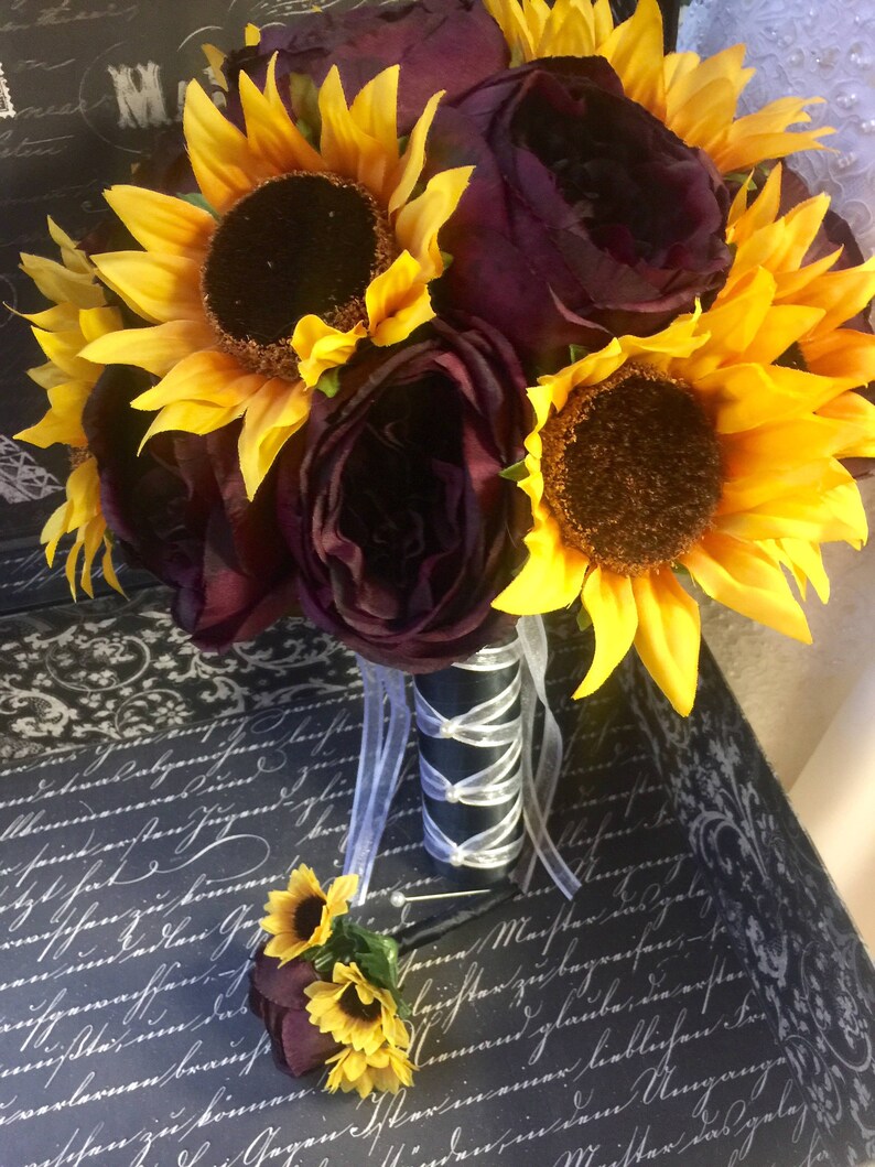 17 piece Sunflower Burgundy Rose Wedding Bouquet Set Etsy