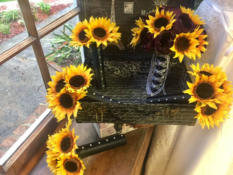 17 Piece Sunflower Burgundy Rose Wedding Bouquet Set Etsy