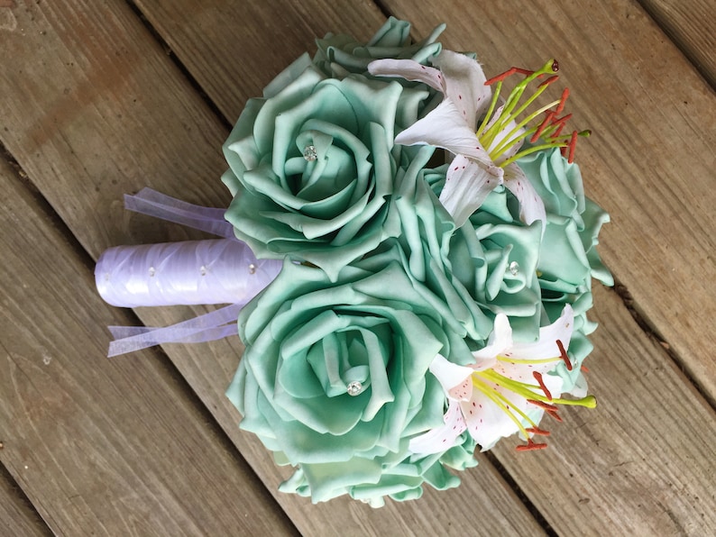White Lily Bouquet Aqua Bouquet Aqua /& White Lily Wedding Bouquet Blue White Bridal Bouquet Aqua Bridesmaid Spa Blue Bouquet