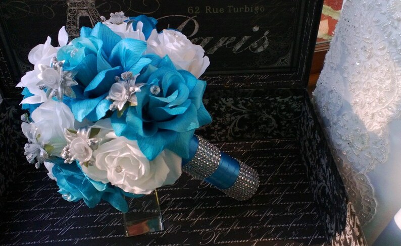 Malibu Blue White Rose with Silver accents Wedding Bouquet ...