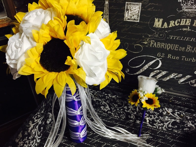 Sunflower Bouquet Set Sunflower White Rose Bridal Bouquet Sunflower Purple Bouquet Sunflower Wedding Bouquet Yellow white Bouquet
