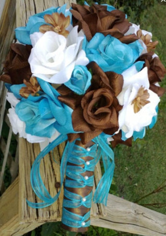 Malibu Blue Brown White Rose Wedding Bouquet Malibu Blue Etsy
