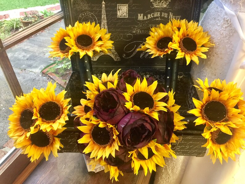 17 Piece Sunflower Burgundy Rose Wedding Bouquet Set Etsy