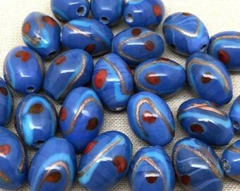 10 Vintage Blue Cornflower Oval Glass Beads