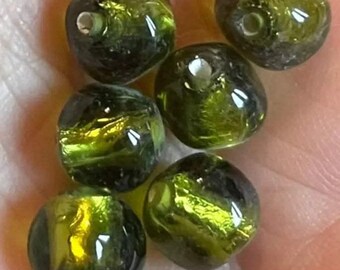 6 cuentas redondas de vidrio japonesas con lámina de oliva verde vintage