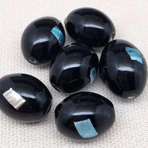 6 Vintage Black Foil Black Oval Glass Beads