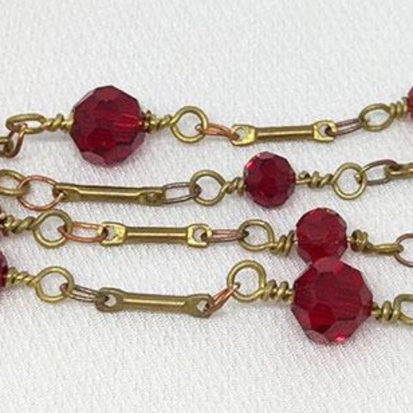 1 Foot Vintage Brass Red Faceted Glass Beaded Chain